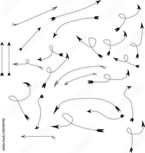 Numerous black arrows pointing in diverse directions on a white background