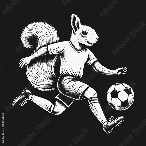 Hand drawn squirrel soccer player dribbling a football in a vintage style.