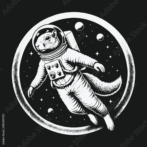 Monochrome illustration of a squirrel astronaut floating in space.