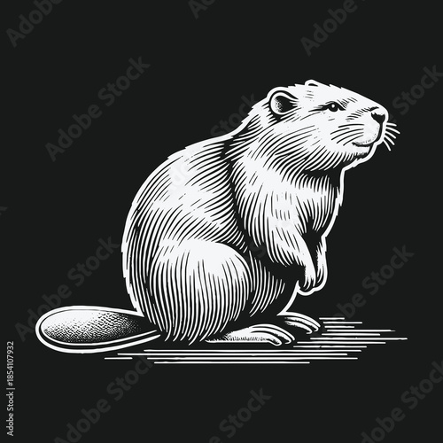 Vintage Beaver Engraving Style Illustration on Black Background.