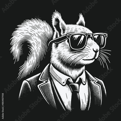 A cool squirrel dressed in a business suit and sunglasses.