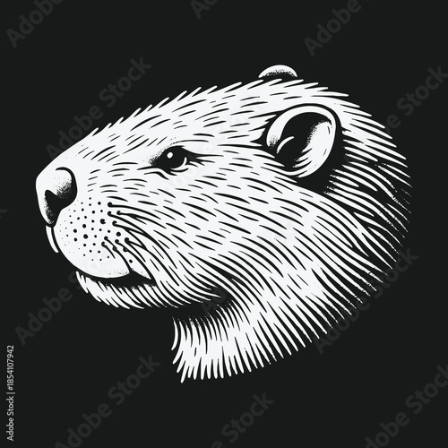 Vintage style beaver head illustration in black and white.