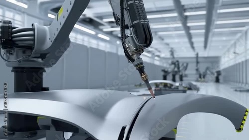 Robotic arm welding in modern automotive factory assembly line precision