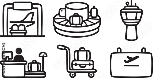 Six black and white depicting airport and travel airplane luggage baggage