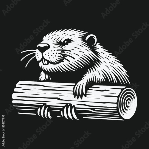 A charming black and white woodcut illustration of a beaver holding a log.