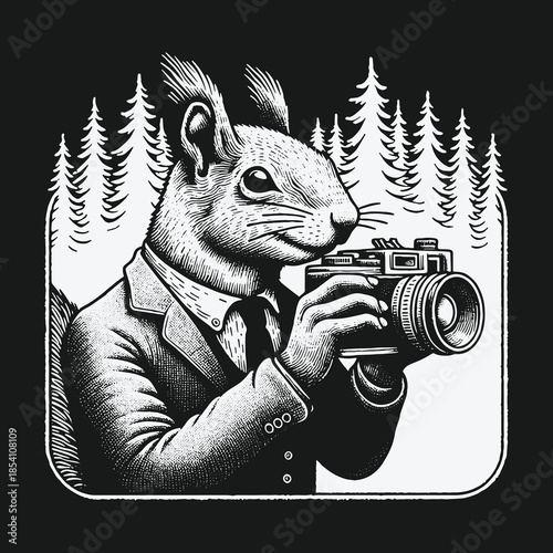 A dapper squirrel photographer in a suit and tie.