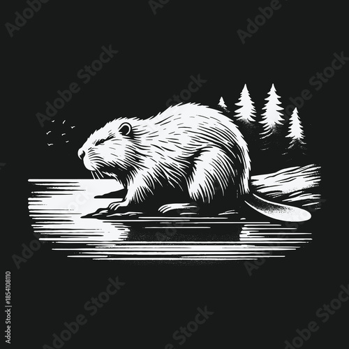 Monochrome woodcut style beaver illustration by a forest lake.