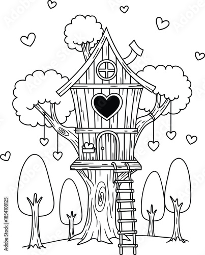Whimsical Treehouse with Hearts for Kids Coloring Fun