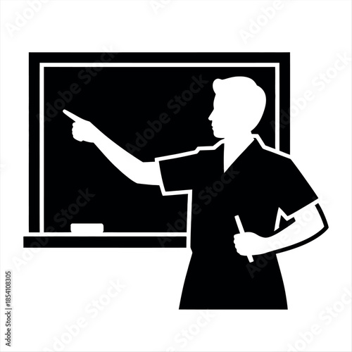 Teacher pointing at the blackboard in the classroom Vector