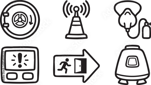 Six black and white showing a safe dial a radio tower a gas mask a digital display an exit sign and a capsule