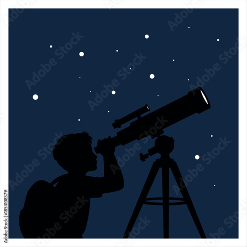 Boy gazing at the stars through a telescope on a dark night Vector