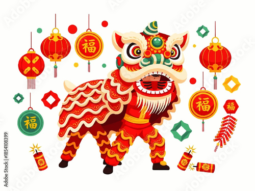 Festive Chinese Lion Dance Illustration with Traditional Symbols for Lunar New Year Artwork