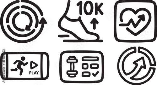 Six black fitness and health including running play button and heart rate