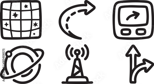 Six black hand drawn representing navigation communication and technology symbol