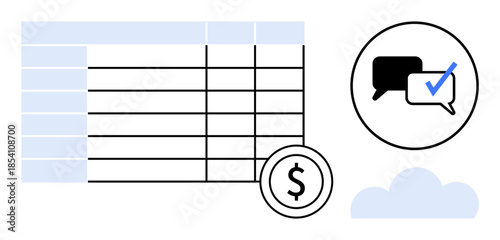 Data table with dollar sign, chat bubble featuring checkmark in a circle, and cloud icon. Ideal for finance, budgeting, communication, collaboration, approval processes, cloud services and business