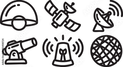 Six black line depicting communication and technology satellite radar globe cannon siren