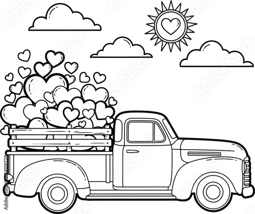 Vintage Truck Filled with Hearts and Sunshine Illustration