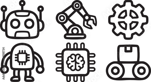 Six black line of robots and mechanical components on white gear chip