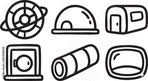 Six simple black line of including a target a dome a camper a washing machine a rolled mat and a helmet