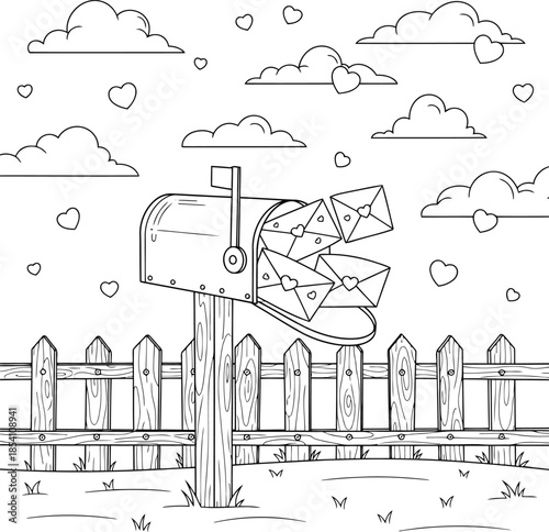 Romantic Hand-Drawn Mailbox with Love Letters and Hearts