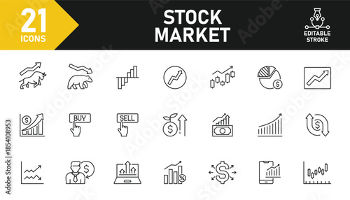Stock market line icon set. Set of 21 outline icons related to bear market, bull market, stock market, trading, portofolio, exchange, investment and others. Editable stroke. Vector illustration.