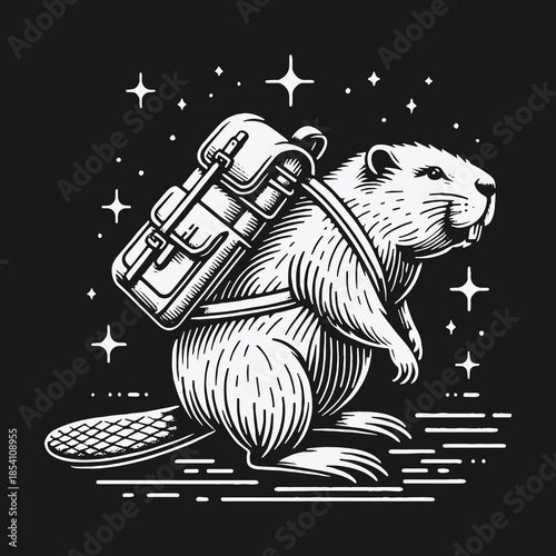 Adventurous Beaver with Backpack Under a Starry Night Sky Illustration.