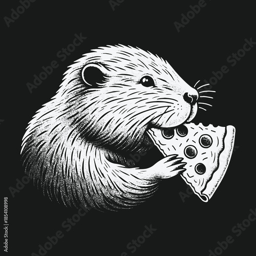 Detailed black and white illustration of a cute beaver eating pizza.