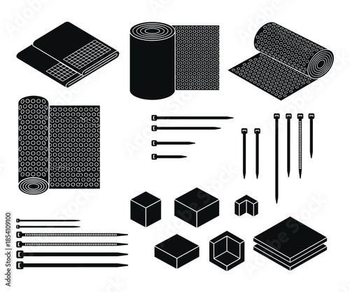 Industrial mesh rolls and zip tie fasteners hardware set vector illustration kit