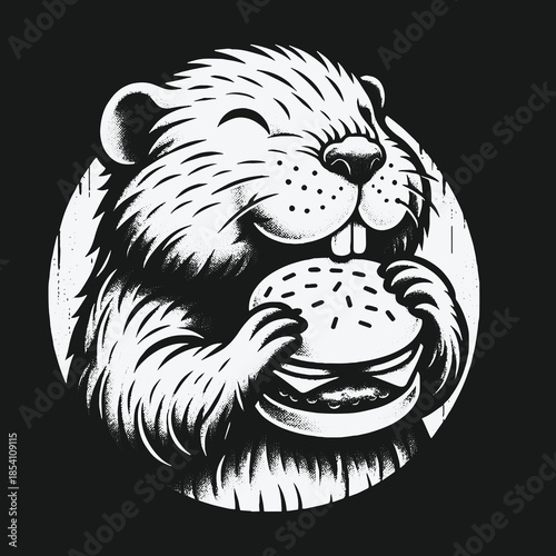 A happy cartoon beaver eating a delicious hamburger.