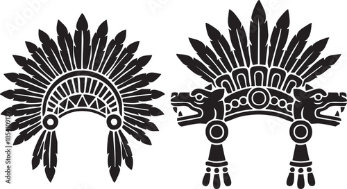Two black silhouette Aztec headdresses with feathers and animal heads maya indigenous