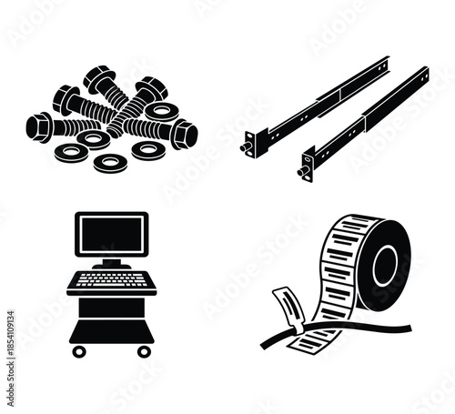 Server rack rails and mounting bolts with labels vector illustration equipment