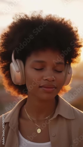 Tranquil sunset playlist journey: woman enjoys music in sunlit harmony
