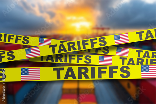 Cargo crates wrapped in tariff restriction tape, import export control