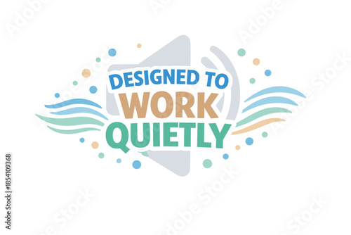 Designed to work quietly: abstract logo with colorful waves and text