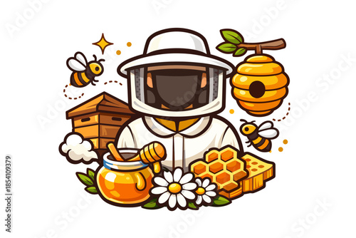 Cartoon beekeeper with honey, hive, bees, and honeycomb elements