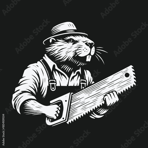 Monochrome vintage illustration of a beaver lumberjack with a handsaw.