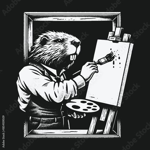 Monochrome illustration of an anthropomorphic beaver artist painting on a canvas.
