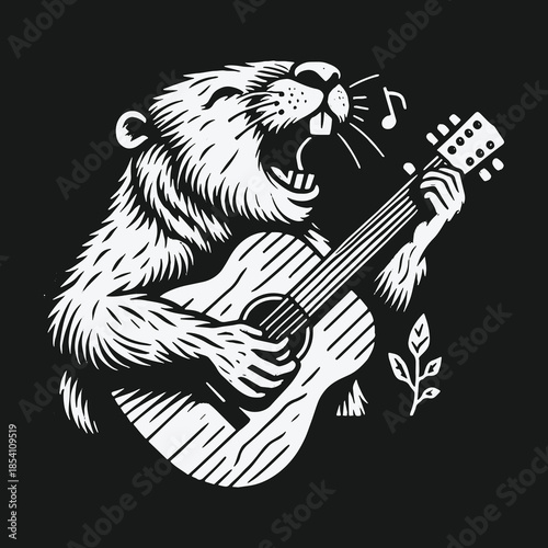 Happy beaver character playing acoustic guitar and singing a song.