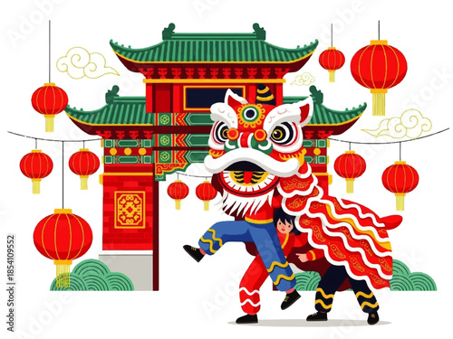 Dynamic Chinese Lion Dance Performance in Front of Temple for Lunar New Year Celebration