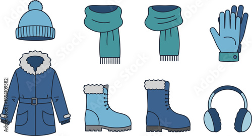 Minimalist flat vector set of 6 winter clothing items beanie hat scarf gloves winter coat boots and earmuffs