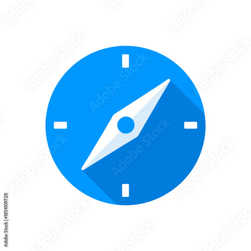 Modern Blue Compass Icon with Long Shadow for Navigation Travel Adventure and Location Tracking Technology Concept