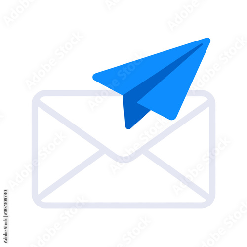 Blue Paper Plane Flying over an Envelope Icon for Email Communication Message and Newsletter Marketing Concept Art