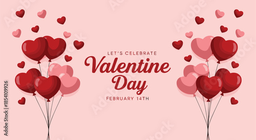 Valentine's Day banner with red and pink heart balloons on pastel background