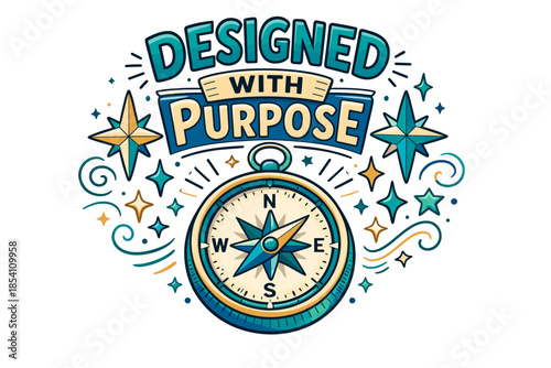 Vibrant compass design with stars and 'designed with purpose' text