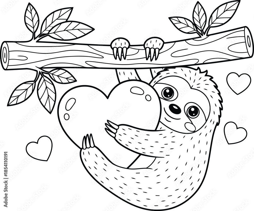 Naklejka premium Adorable Sloth Embracing Heart in Black and White Illustration