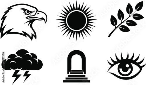 Collection of symbolic icons including eagle sun olive branch storm monument and eye