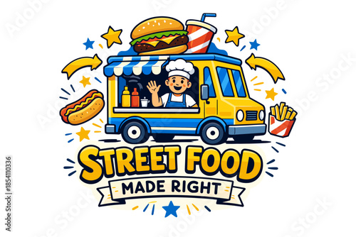 Cartoon street food truck with chef, burger, hotdog, and french fries