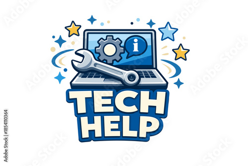 Tech support icon with laptop, wrench, and information symbol