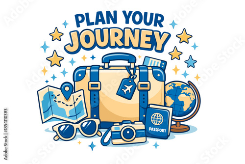 Adventure planning essentials with luggage, map, passport, and globe