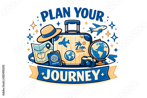 Travel adventure theme with suitcase, globe, airplane, passport, and camera